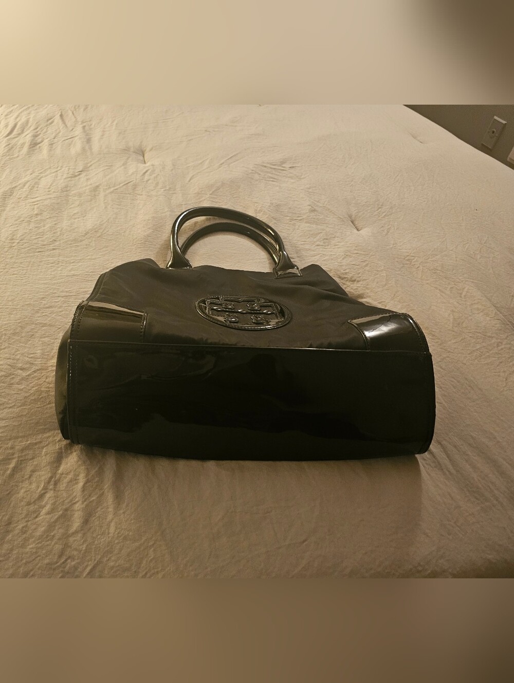 Tory Burch Black Nylon Tote with Patent Logo - Picture 4 of 5